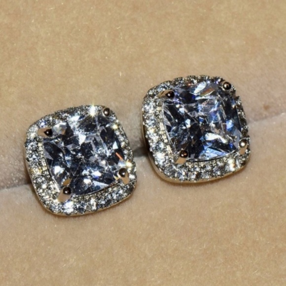 Jewelry - Silver Square Cut White CZ Diamond Stud Earrings